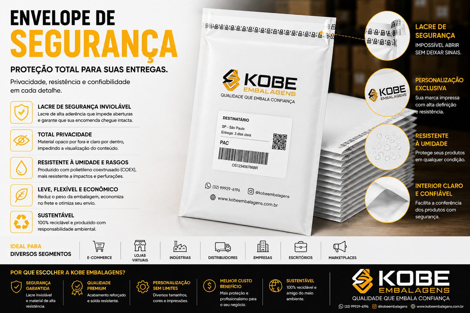 Envelope de segurança branco Kobe com interior claro e lacre inviolável