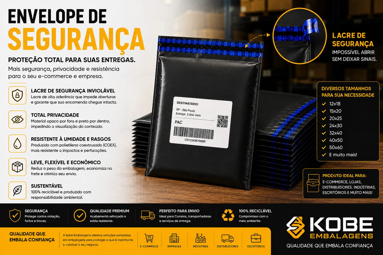 Envelope de segurança preto Kobe com lacre inviolável, tamanhos de 12x18 a 50x60