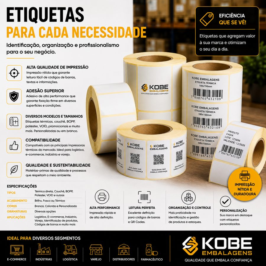 Etiquetas térmicas, couchê e BOPP em rolos Kobe