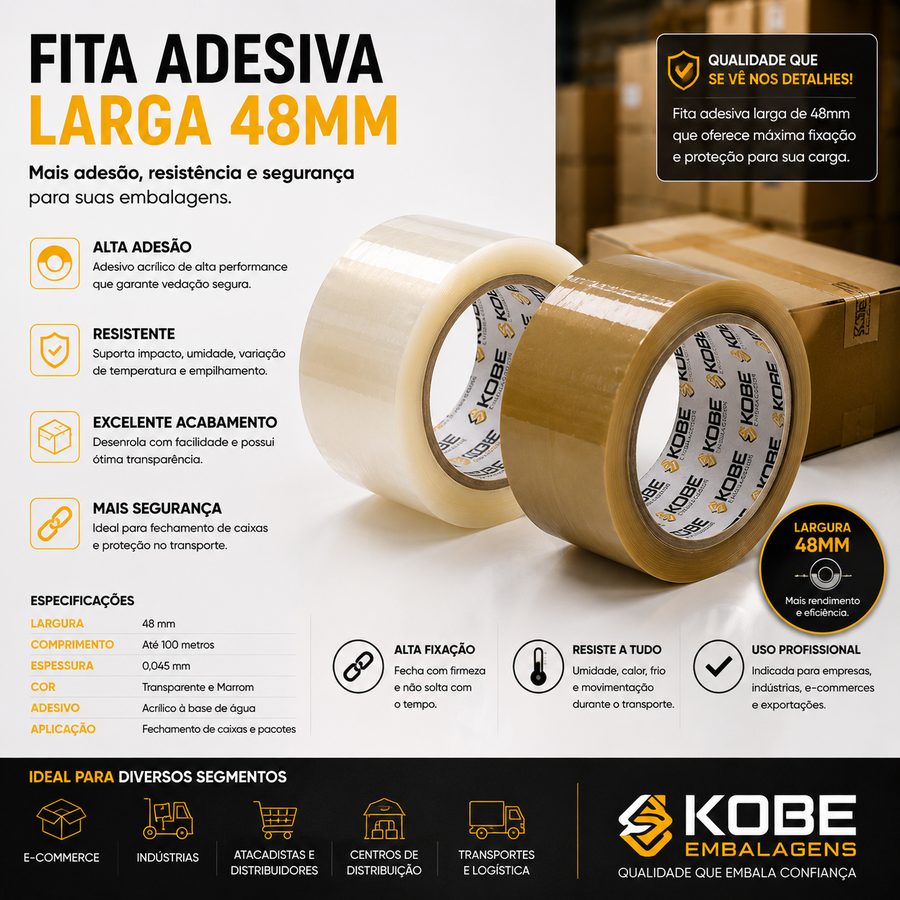 Fita adesiva larga 48mm transparente e marrom para fechamento de caixas