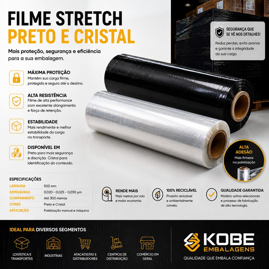 Filme stretch preto e cristal 500mm para paletização